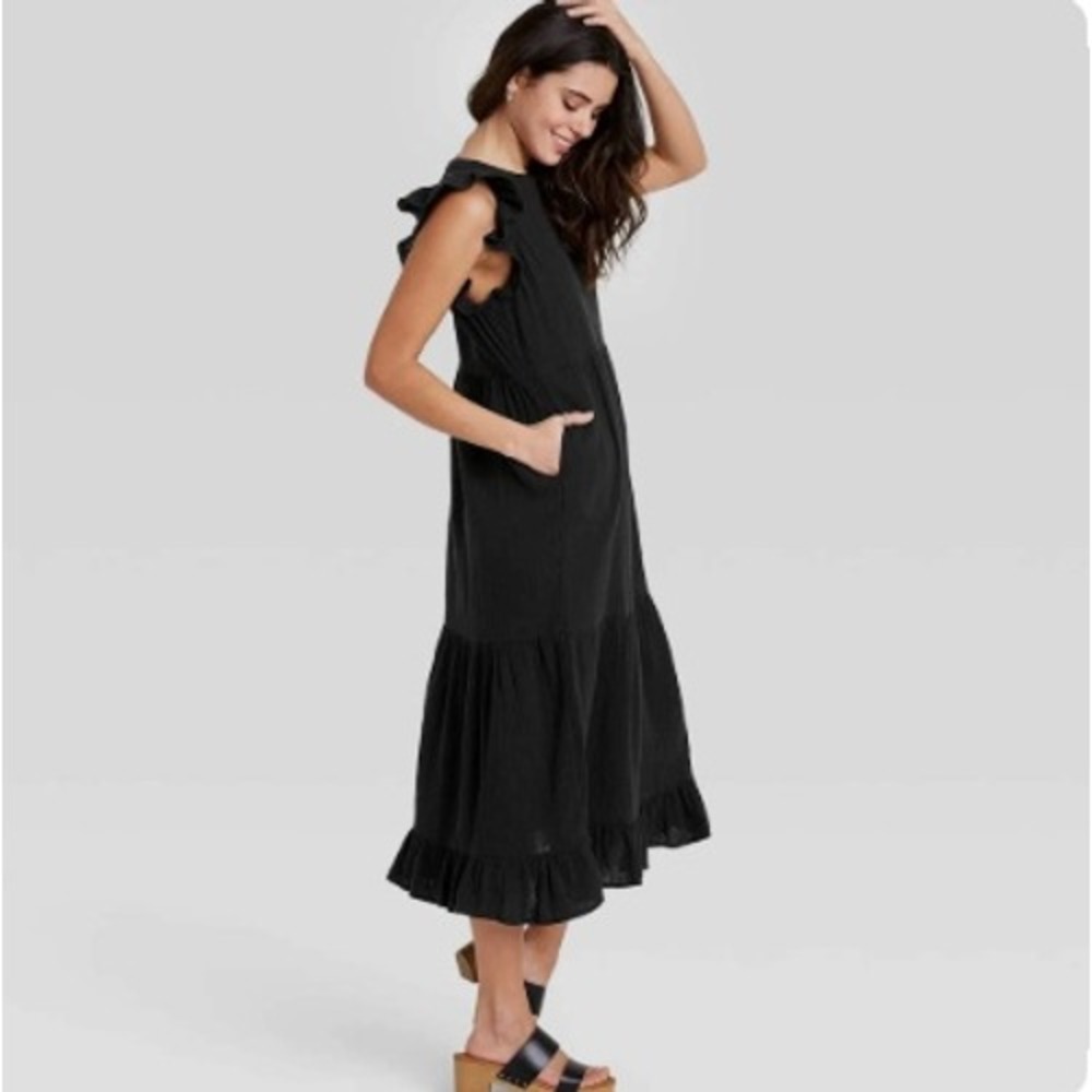 Universal Thread Womens Black Cotton Gauze Ruffle Tiered Midi Dress M Boho